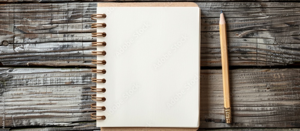 Aufkleber wooden background with a blank notebook and a wooden pencil, providing a copy space image.