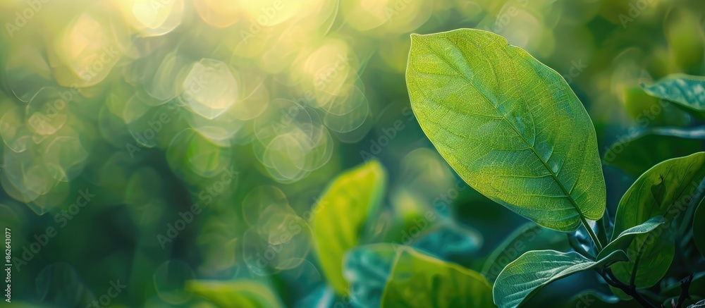 Poster green leaf in a garden with a blurry green backdrop, providing copy space for text, ideal for concep