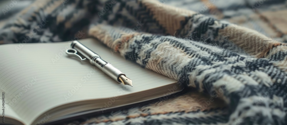 Sticker Silver key pen and opened notebook displayed on a wool plaid surface with copy space image.