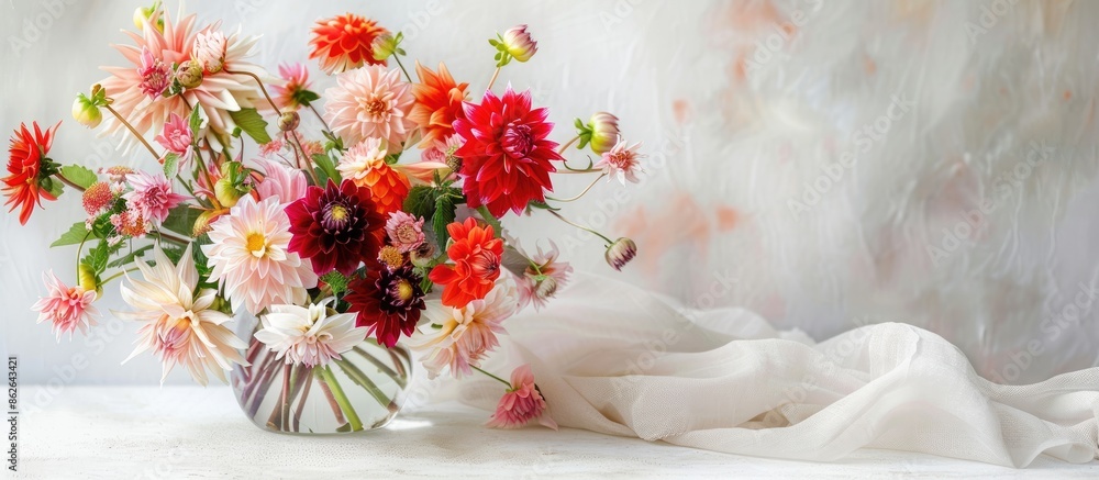 Poster dahlia flower bouquet displayed in a vase on a white table with room for text in the image. copy spa