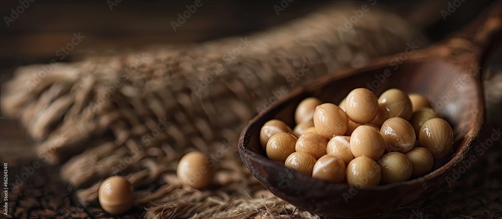Aufkleber Close-up view of soy in a wooden spoon with ample copy space image.