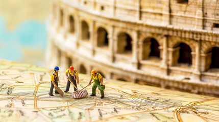 Tiny cleaners sweeping and tidying up around a doodled illustration of the Colosseum on a paper map, as if they are keeping Italy's historic site pristine.