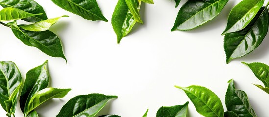 Freshly picked green tea leaves arranged in a nature-inspired frame on a white background, creating a copy space image with homegrown organic tea plantation aesthetics.