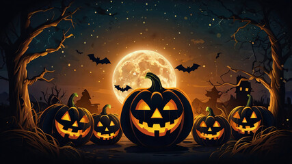 Create a spooky Halloween illustration for kids with cheerful carved pumpkins on both sides and an empty space in the middle for text. 
