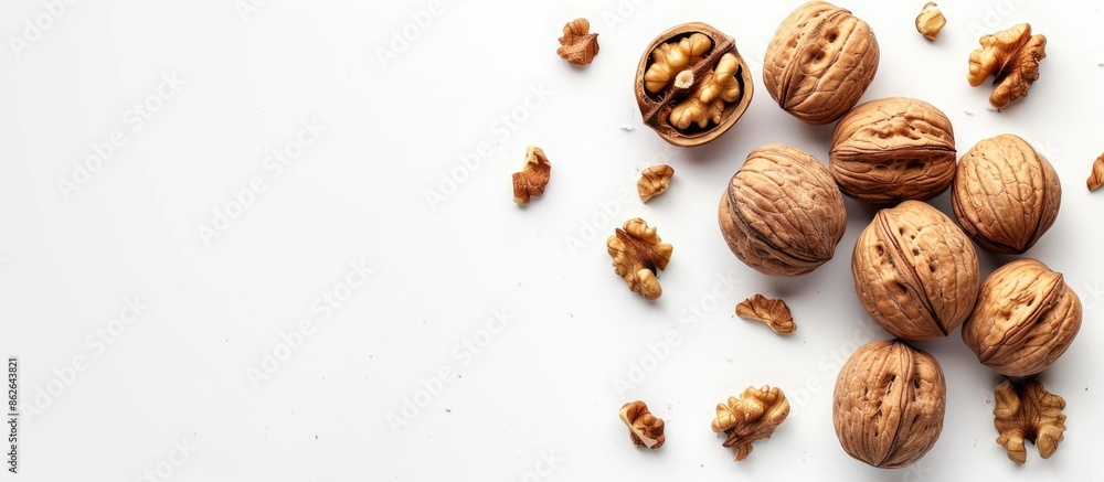 Poster Walnuts depicted in a copy space image with a plain white backdrop.