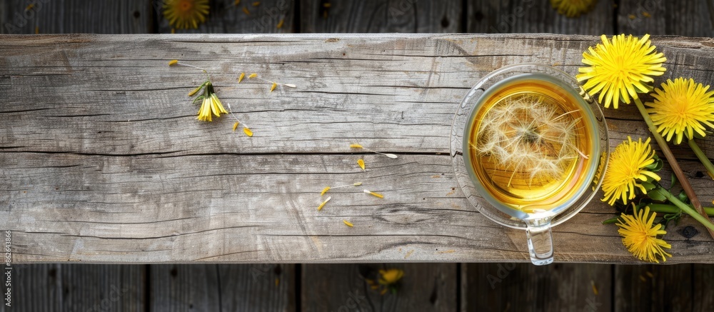 Poster photo of a healthy dandelion tea on a wooden surface with ample copy space image.