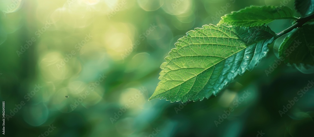 Poster close-up of a green leaf against a blurred greenery backdrop in a garden with a copy space image, re