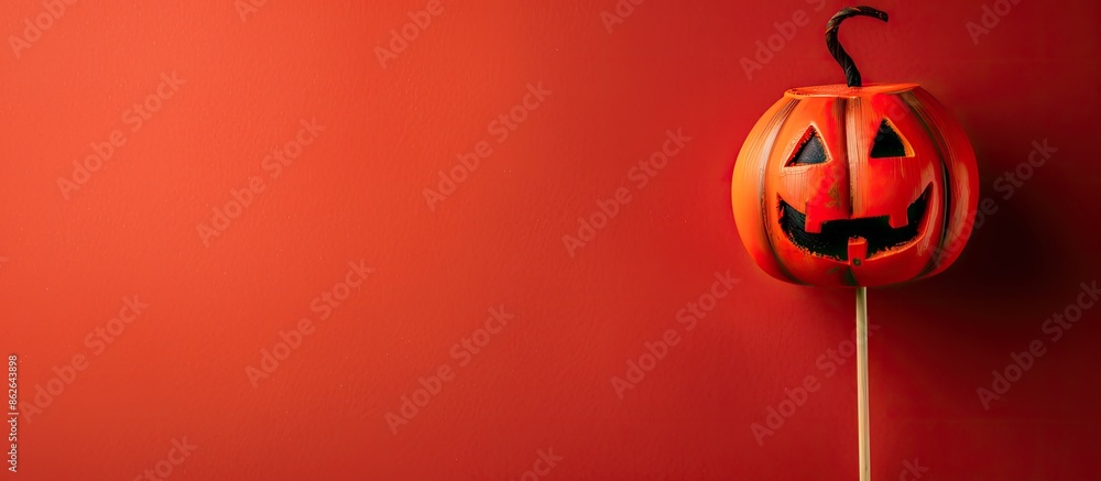 Poster a pumpkin-shaped wooden skewer for halloween displayed on a red background with a copy space image.