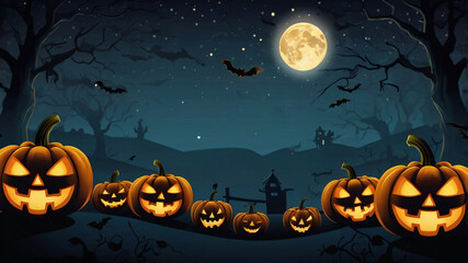 Create a spooky Halloween illustration for kids with cheerful carved pumpkins on both sides and an empty space in the middle for text. 