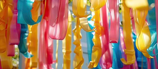Vibrant decorations featuring silk paper ribbons are common at birthday parties and other events, creating a festive atmosphere with copy space image.