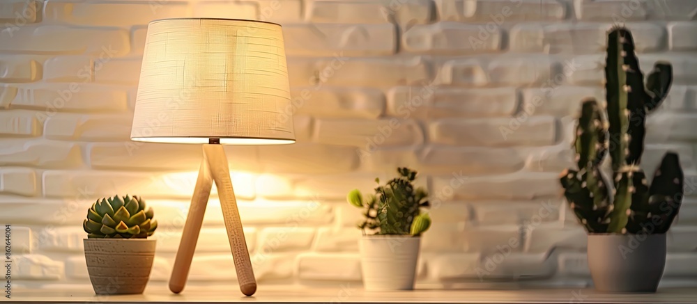 Aufkleber Front view of a contemporary table lamp and cactus set on a table with a white brick wall in the background, ideal for a workplace with ample copy space image.