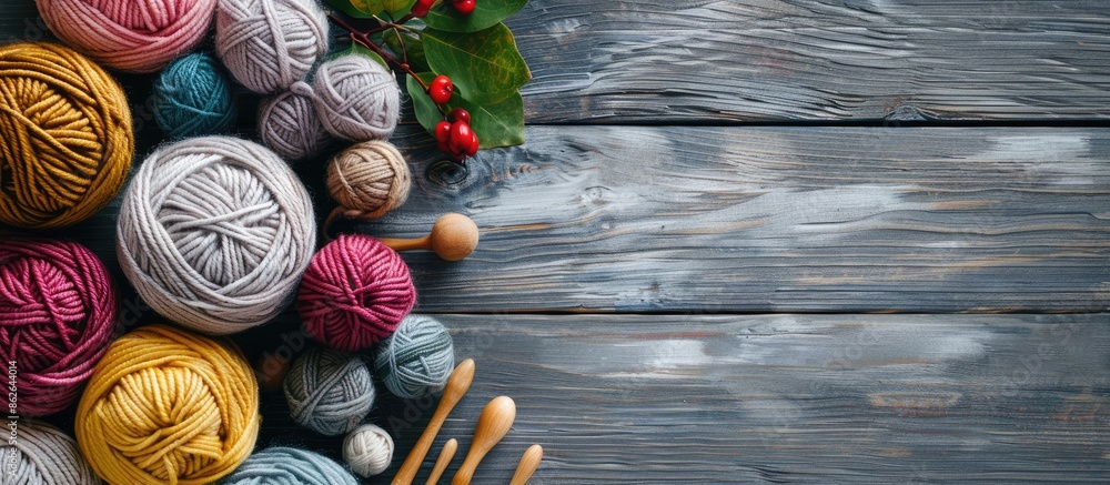 Poster top-down photo of a variety of knitting accessories surrounded by copy space on a gray wooden table,