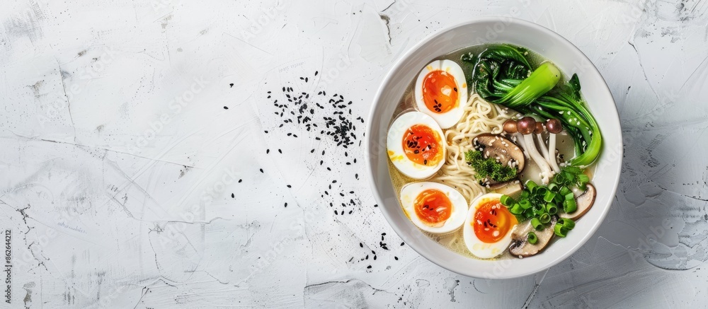 Poster top-down view of a white bowl containing ramen noodle soup with eggs, mushrooms, and pak choi on a l