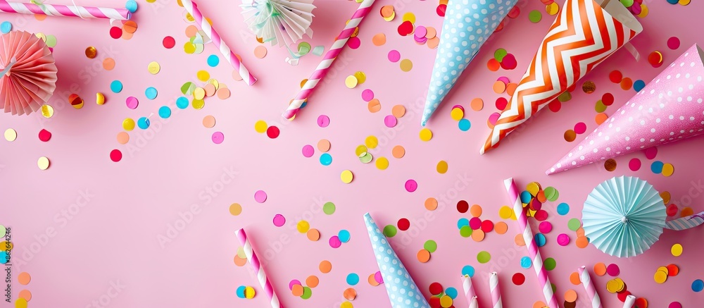 Poster pink background with party hats, confetti, and straws creating a festive atmosphere, perfect for a c