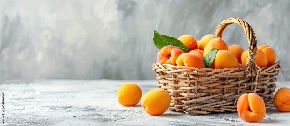 Aufkleber ripe apricot fruits with a leaf in a wooden basket on a white rustic table create a healthy fruit ba