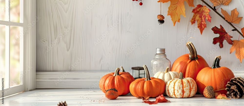 Leinwandbilder Fall-themed setup with pumpkins and decorations on a rustic white table. Ideal for autumn concepts or messages with available copy space image.