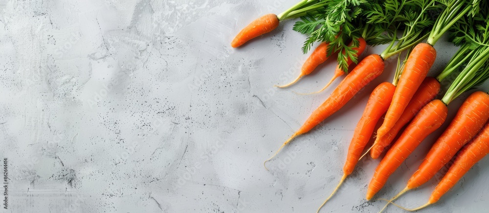 Poster Orange carrots on white background with copy space image.