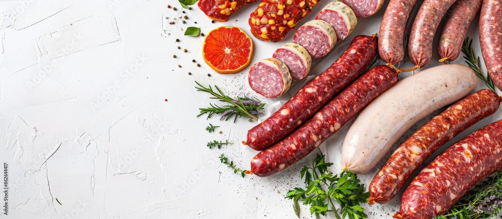 Poster a variety of raw sausages made from beef, pork, lamb, and chicken displayed on a butcher table with 