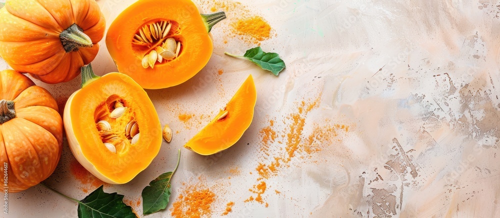 Poster Fresh ripe pumpkin cut on a bright background with space for text alongside a picture. Copy space image. Place for adding text and design