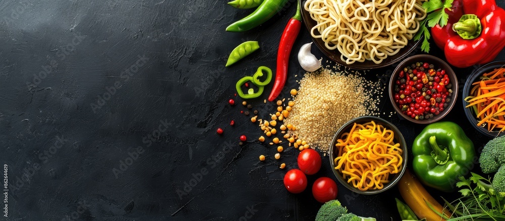 Poster A top-down image of noodles with assorted vegetables on a black background, displaying free copy space.