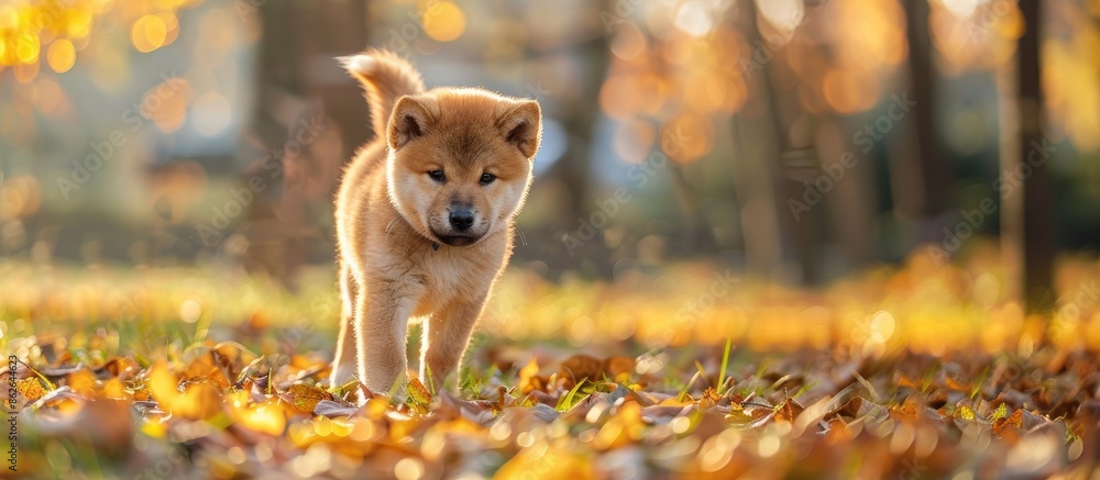 Sticker Japanese Akita Inu puppy with a red coat strolls outdoors in a park setting with a background featuring ample copy space for images.