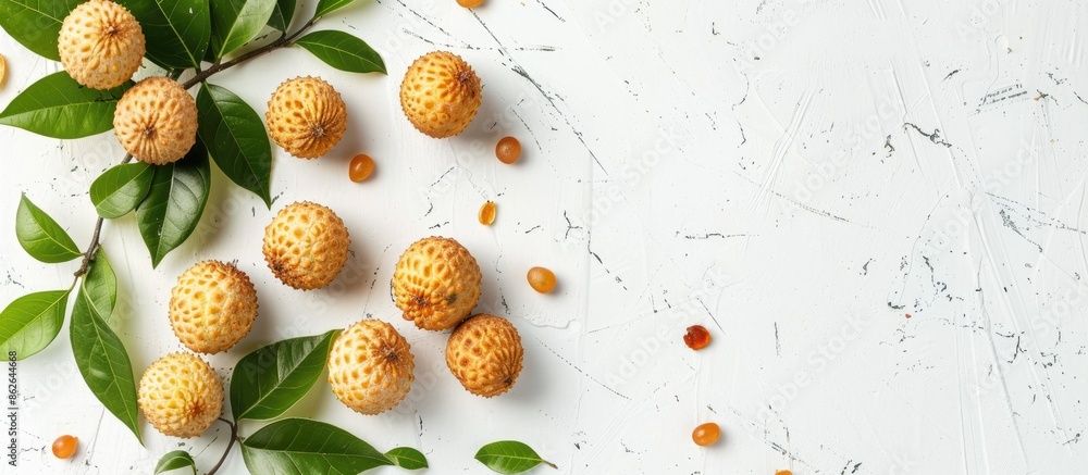 Poster Top view of a fresh longan fruit with leaves on a white background, creating a flat lay composition with copy space image.