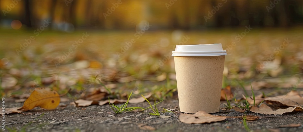 Poster Empty paper cup outdoors, with room for text in the image. Copy space image. Place for adding text and design
