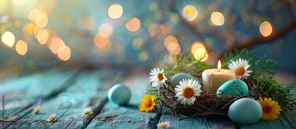 Poster easter themed festive setup with a candle, colorful eggs, daisy, green eggs in a nest on wooden tabl