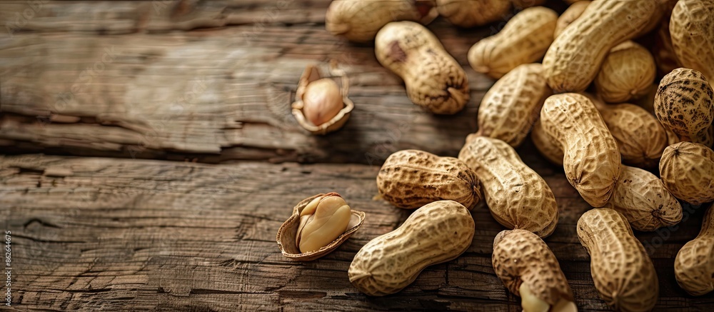 Aufkleber fresh peanuts in shells placed on a wooden surface, set against a natural background with ample spac