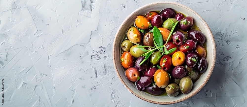 Poster a bird's eye view of a bowl filled with marinated olives set against a plain background provides amp