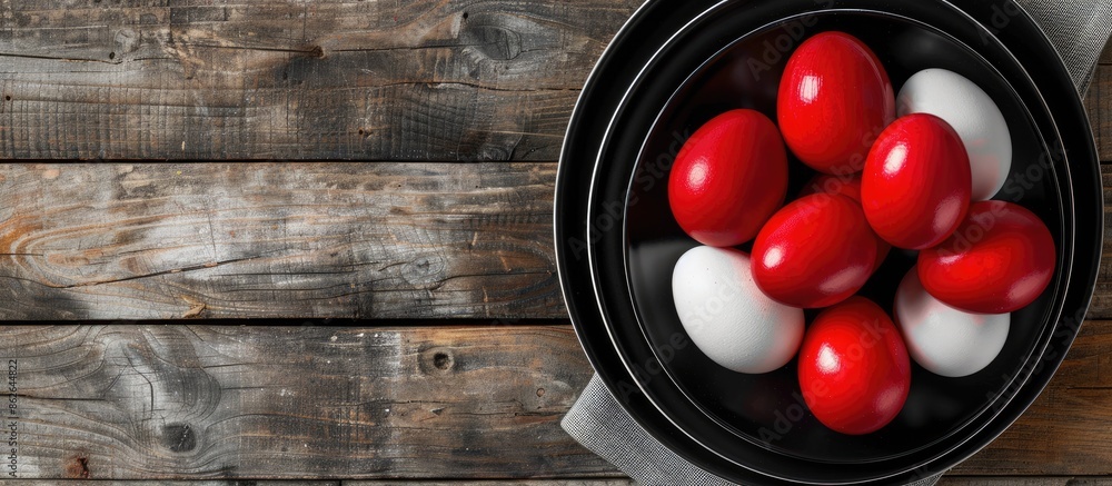Poster Top-down view of red Easter eggs on black and white plates displayed on a rustic wooden table with a blank background for copy space image.