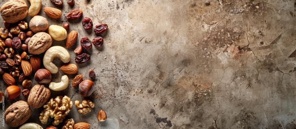 Poster various types of nuts including walnuts, cashews, raisins, almonds, and hazelnuts displayed in a tex