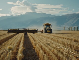 Fototapeta premium A farmer operates a tractor in a sunflower field under a clear blue sky, engaged in harvesting amidst a picturesque agricultural landscape.