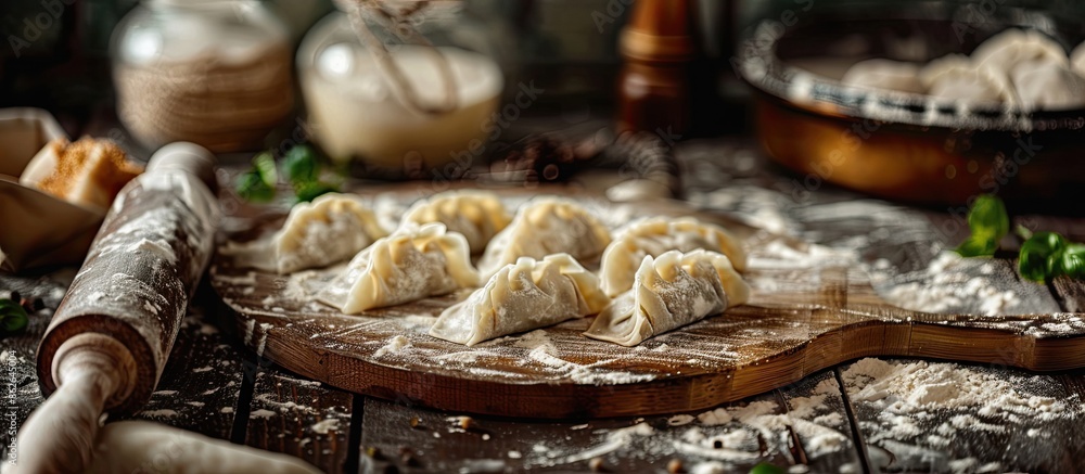 Leinwandbilder raw dumplings being prepared with a rolling pin, meat, and a dark background for a cooking scene wit