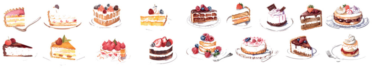 Birthday cake pieces, cut slices. Holiday dessert portions. Sweet party food. Fried pastry with candles, decorations, cream. Isolated on white background. Colored flat modern illustrations.