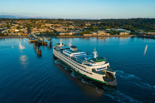 Aerial view of Washington Ferry docking at Puget Sound, Edmonds, Washington, United States.