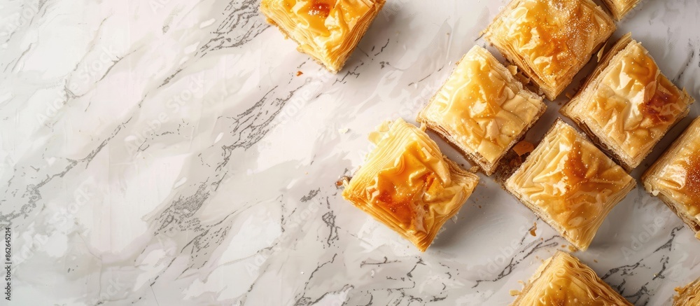Fototapete sweet baklava displayed on a light grey marble surface from a top-down perspective, with room for te