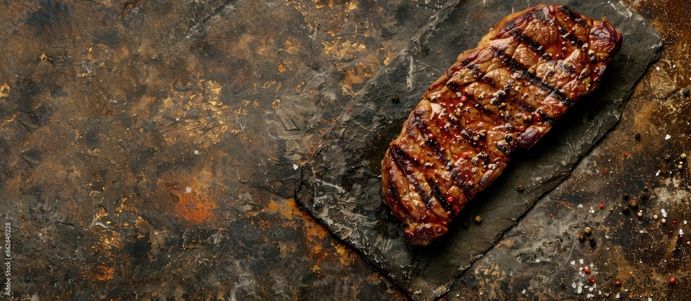 Poster A sizzling steak seasoned with spices, displayed on a stone backdrop, with room for text in the image. Copy space image. Place for adding text and design
