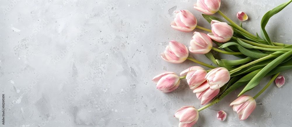 Poster a spring-themed mother's day greeting card featuring a bunch of charming pink tulips on a rustic whi