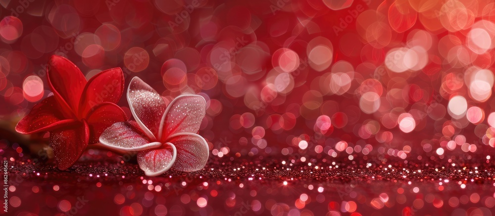 Poster A charming floral ornament on a blurry red glitter paper backdrop with space for your text or image. Copy space image. Place for adding text and design