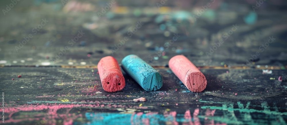 Poster back to school concept featuring pieces of chalk on a vintage blackboard with a selective focus on a