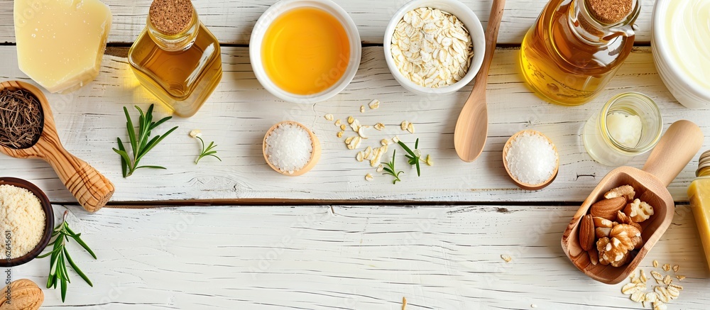 Poster flat lay image of various products rich in natural fats displayed on a white wooden table with copy 