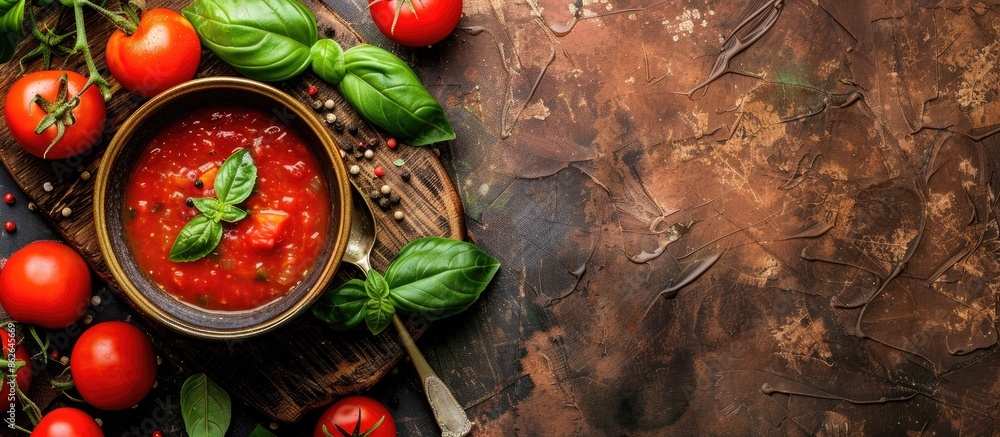 Poster top view of summer tomato soup with fresh vegetables and green basil, in a copy space image.