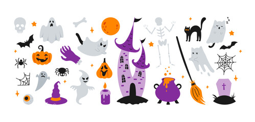 Set of flat vector Halloween elements. Cute grey, purple and orange spooky ghost cat, pumpkin, bat, skull, spider, grave, cauldron, castle isolated on white background. Hand drawn sticker collection.