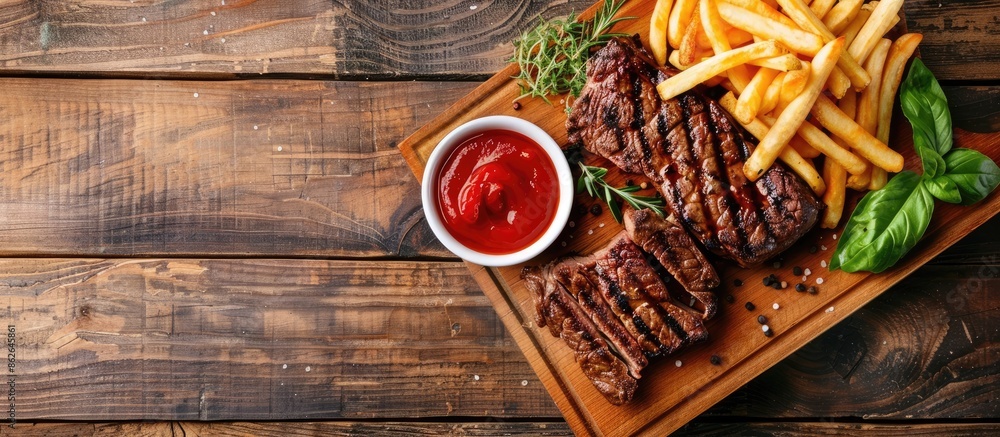 Poster Wooden table displaying a board with appetizing grilled steak and fries, with copy space image.