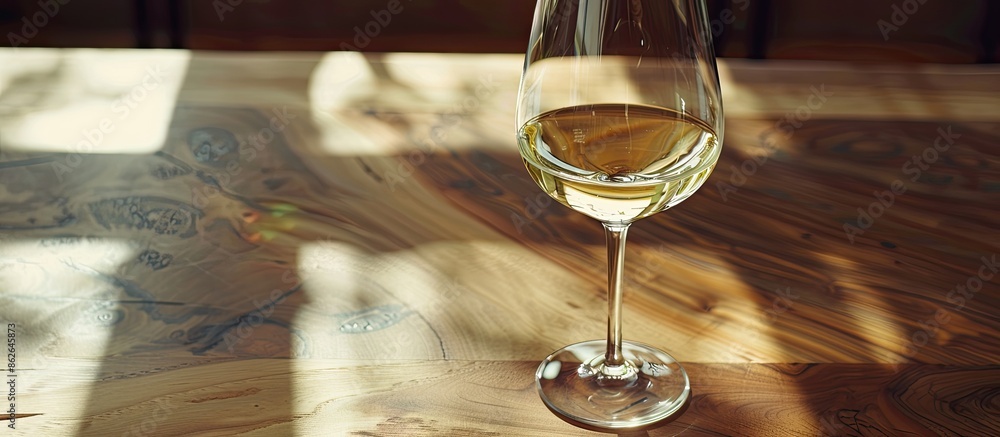 Aufkleber Close-up view of a white wine-filled wineglass on a walnut table with copy space image available.