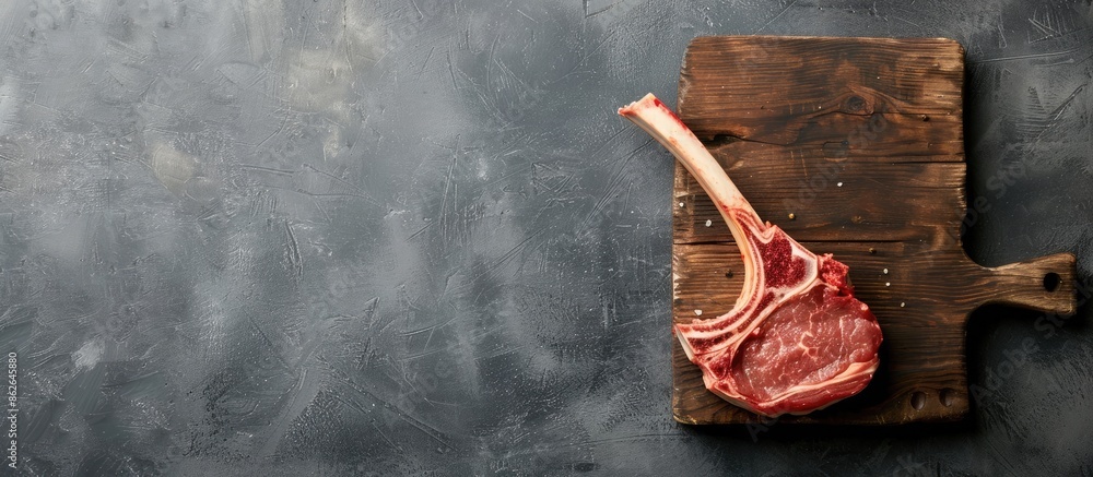 Poster Top view of a butchered lamb chop steak on a cutting board against a gray background with an area for text or image insertion. Copy space image. Place for adding text and design