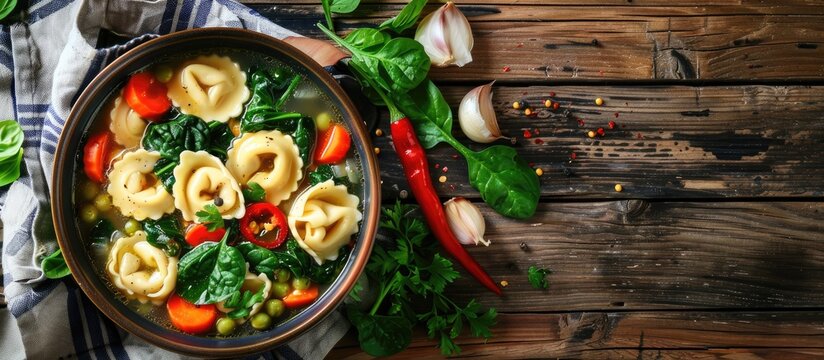In under 30 minutes, a tasty tortellini soup is ready by adding onions, celery, carrots, red pepper, and baby spinach, a versatile meal option with copy space image.
