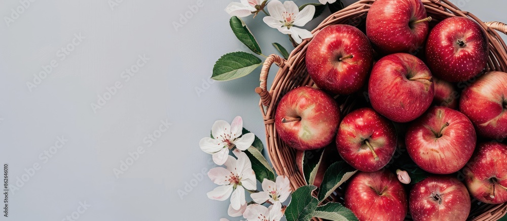 Aufkleber a flat lay view of a basket with ripe red apples, apple blossom flowers, and copy space image from a