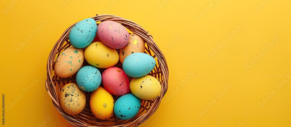 Poster top view flat lay composition of easter eggs in a basket on a yellow background, perfect for an east